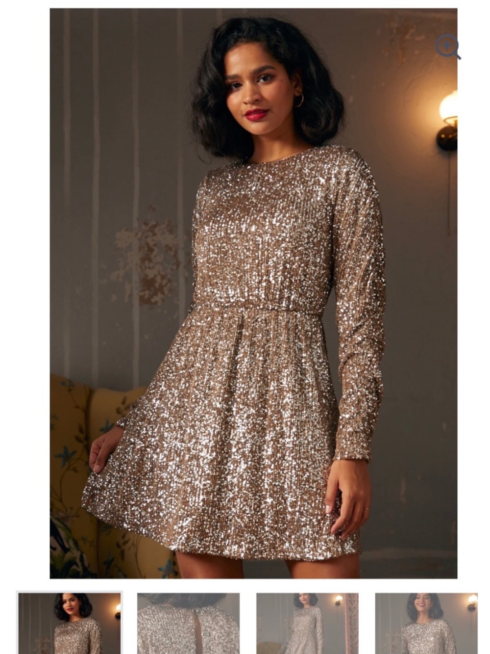 ModCloth Gold Sequin Mini Dress Long Sleeve Round Neck Size L NWT